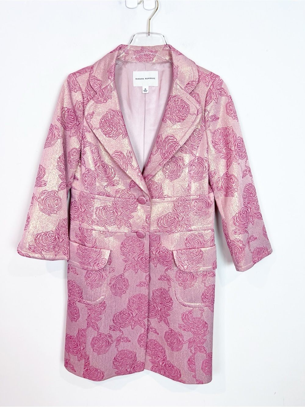 BANANA REPUBLIC PINK METALLIC ROSE PATTERN BUTTON FRONT COAT WOMENS SZ MEDIUM